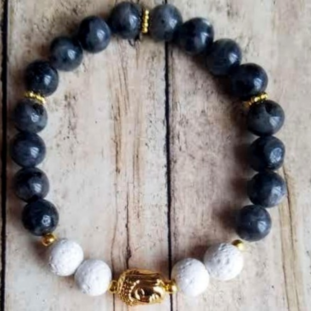 Black Labradorite + Lava Rock Buddha Diffuser Bracelet - Picture 3 of 3